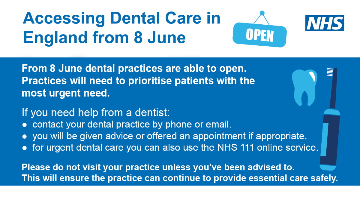 NHS advice dental care England 8 June urgent need
