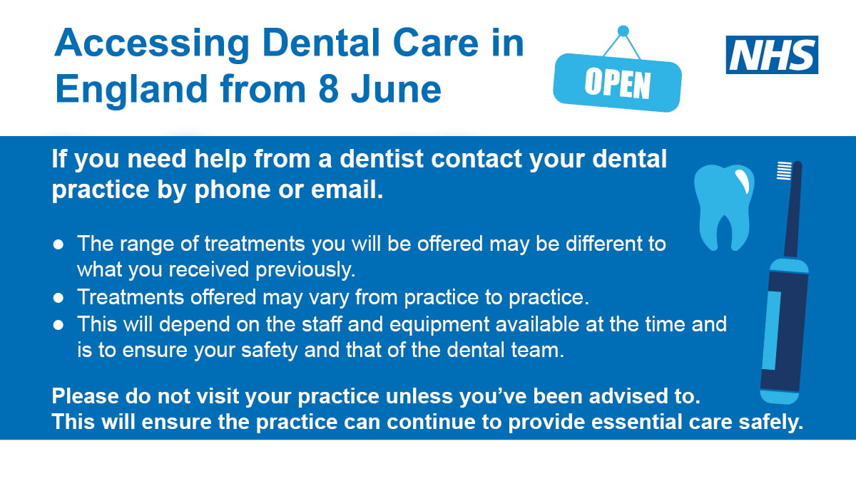 NHS advice accessing dental care England 8 June 2020